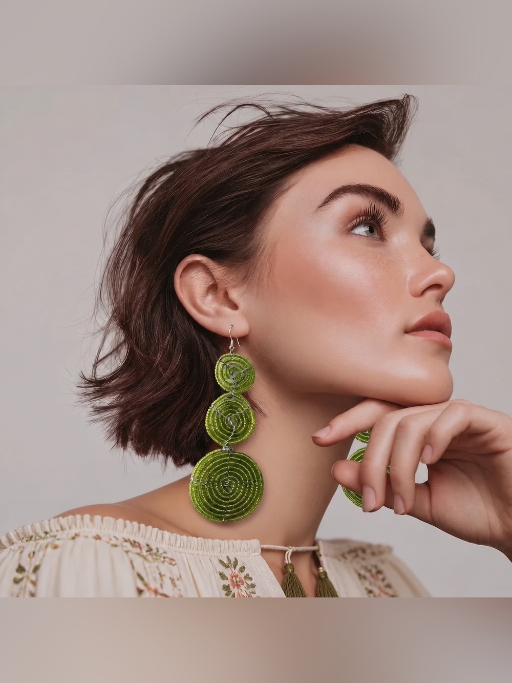 Green Beaded Spiral Drop Earrings | Dangle Earrings | Lightweight Boho Jewelry